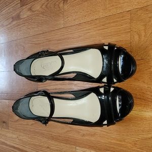 Franco Sarto Patent Black Open Toe Heels 7.5